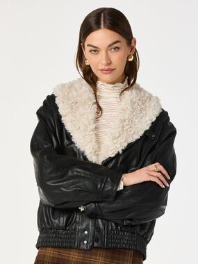 ASTR Black Faux Leather Bomber Jacket with Cream Sherpa Collar